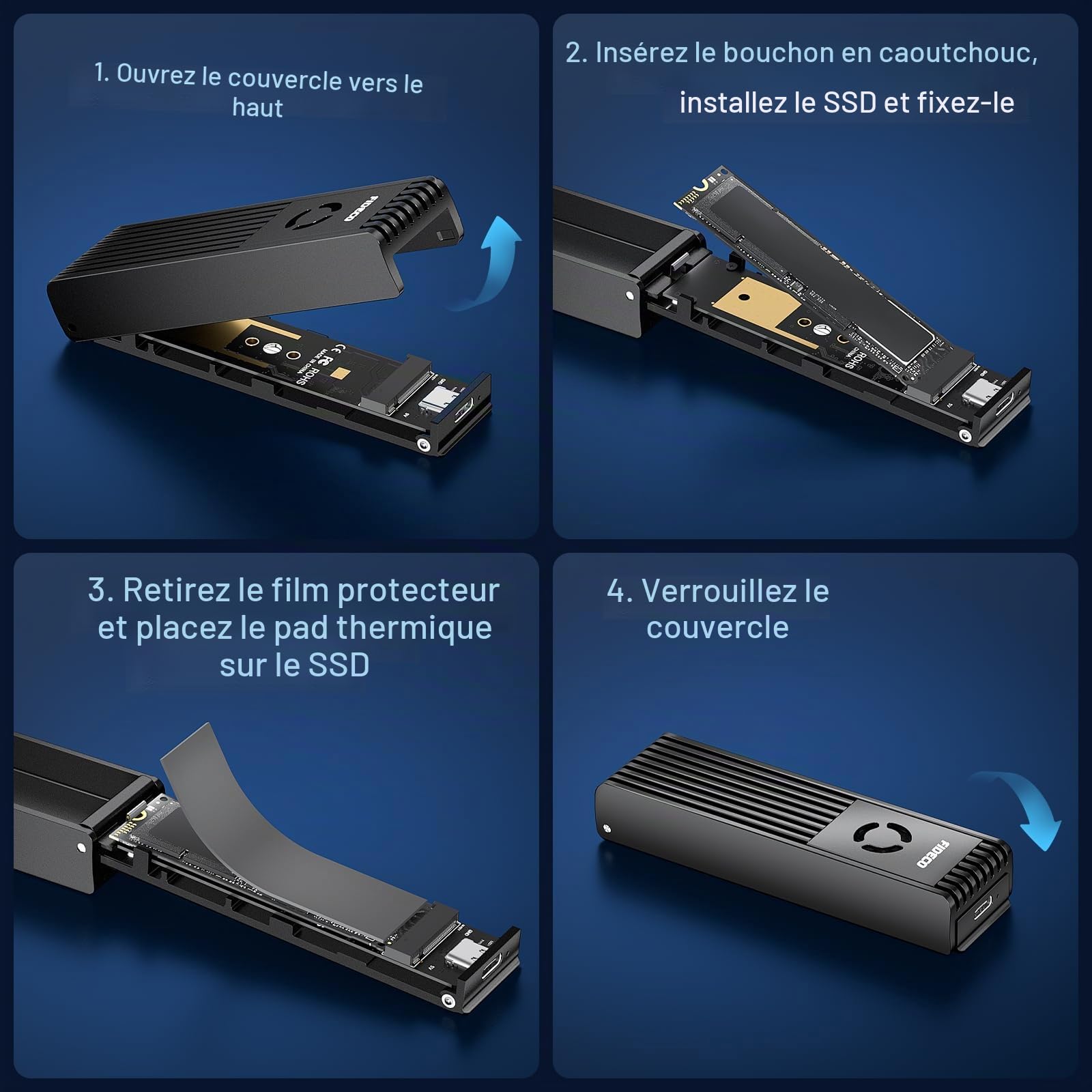 FIDECO Boîtier SSD M.2 NVMe SATA, Adaptateur M.2 NVMe vers USB avec Ventilateur de Refroidissement, Lecteur SSD USB 3.2 Gen 2 (10Gbps) pour PCIe M-Key/M+B Key, Supporte UASP et Trim, Aluminium