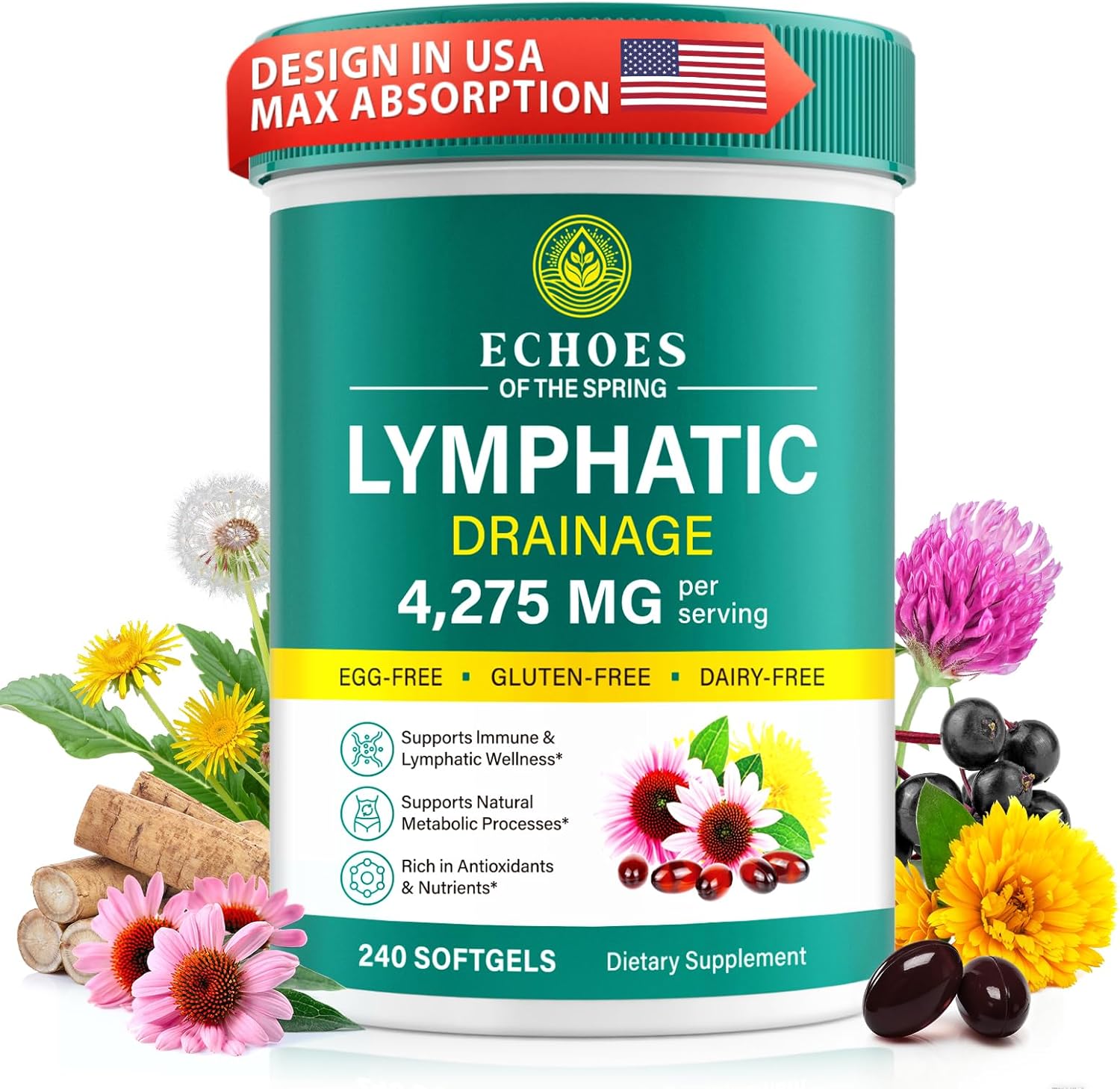 Lymphatic Drainage Supplements, 4275mg Lymph System Support Supplement for Women & Men, Daily Wellness Support, 21-in-1 Herbal Blend with Echinacea, Dandelion, Burdock, Turmeric & More, 240 Softgels