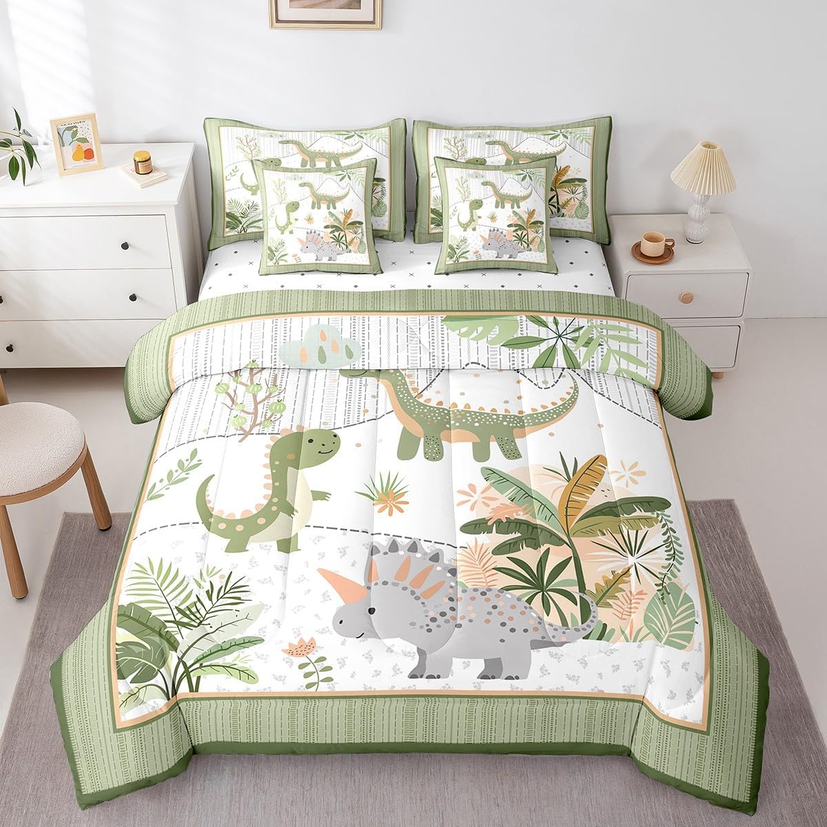 Feelyou Kids Cute Dinosaur 7 Piece Bedding Set Twin Size Cartoon Dinosaur Comforter Set with Sheets for Boys Girls Teens Green Grey Bed in a Bag Coconut Plant Bed Set