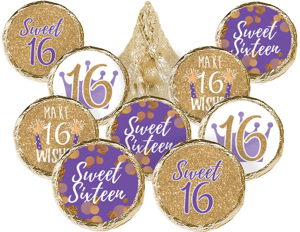 DISTINCTIVS Purple and Gold Sweet 16 Birthday Party Favor Chocolate Kisses Candy Stickers, Purple Sweet Sixteen Stickers - 180 Count