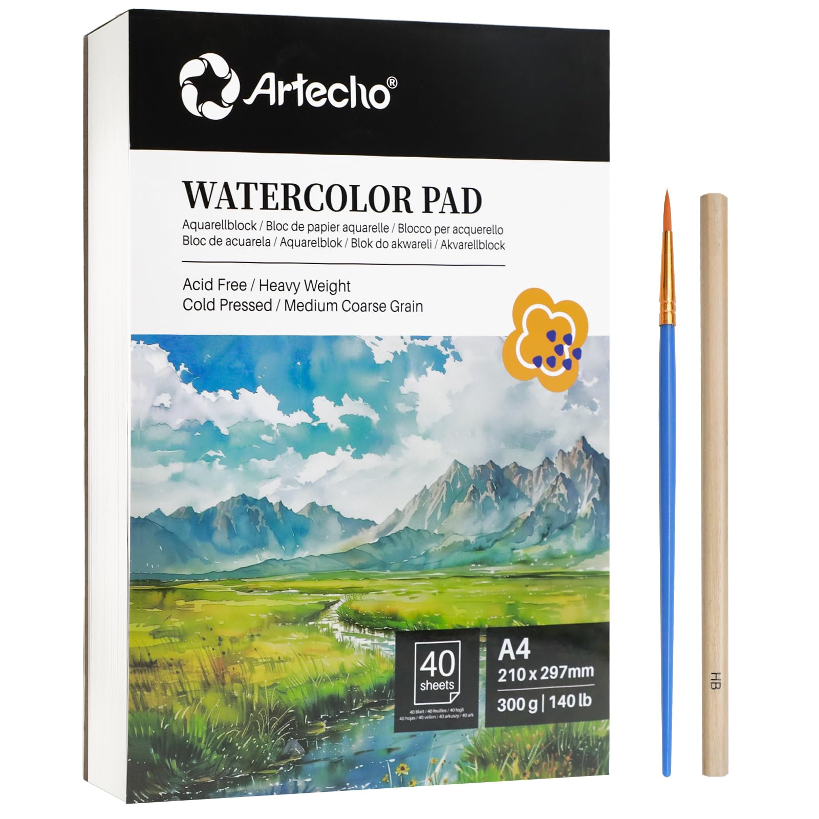 Artecho Aquarellpapier A4 300g 40 Blatt mit Aquarellpinsel und Bleistift, Weiß Aquarellblock 21×29.7 cm, Malblock für Aquarell, Acryl, Zeichnen, Malen.
