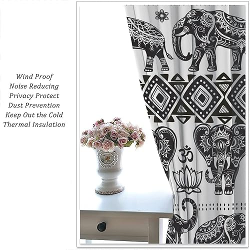 Miniatura 5 de Cortinas opacas de elefante, estilo étnico indio, bohemio, flores de loto de elefante blanco y negro, divertidas cortinas con patrón de animales