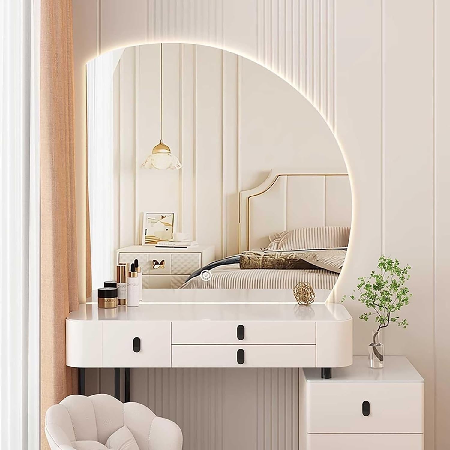 Semicircular Vanity Dressing Table Mirror Wall Bathroom Lighted Vanity Mirror Dimmable for Bathroom Vanity Bedroom or Any Other Room in Your Home(Left Cut,70x70cm/28in)