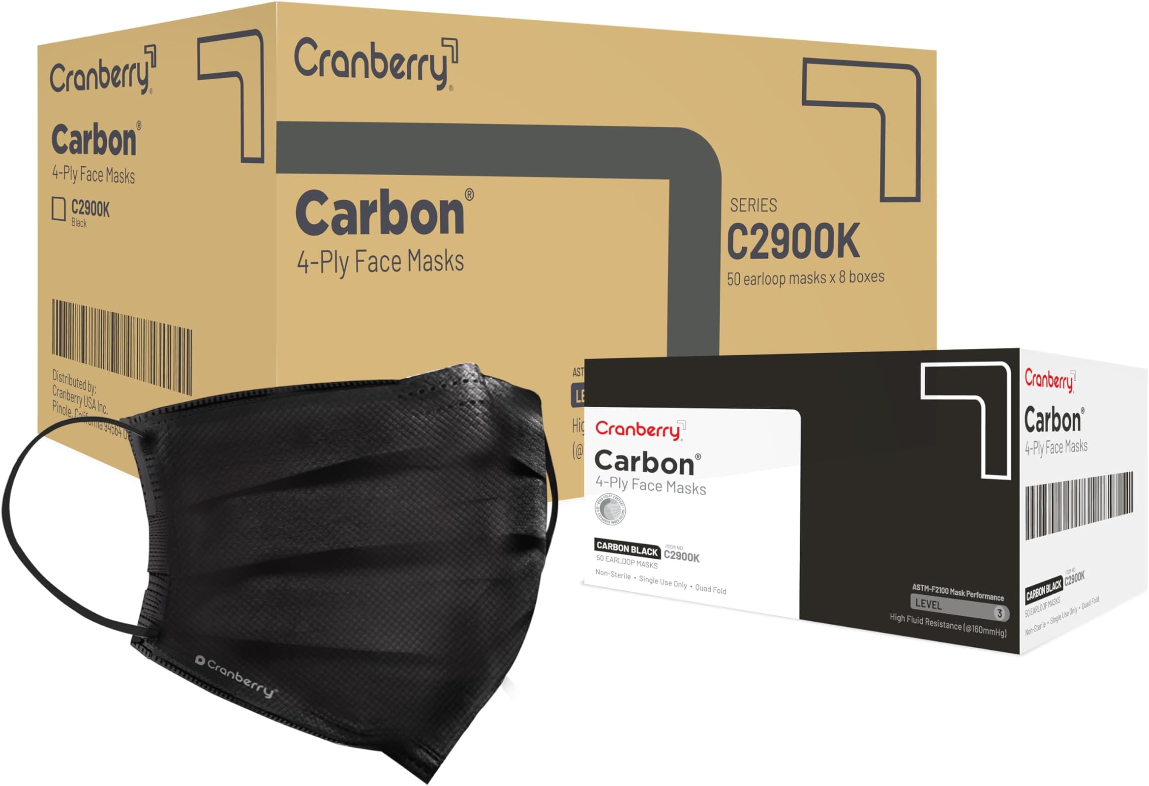 Cranberry USA Carbon Black Face Masks, Disposable, 4-ply, Elastic Earloops, Medical & Dental, Level 3 (Pack of 400)