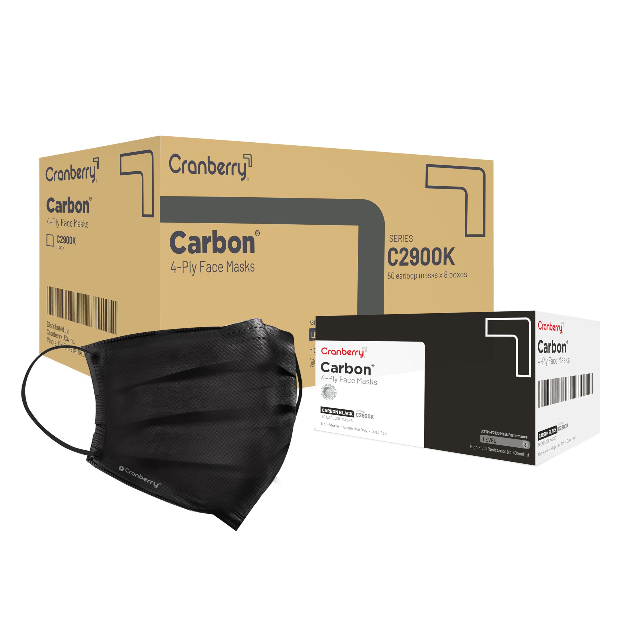 Cranberry USA Carbon Black Face Masks, Disposable, 4-ply, Elastic Earloops, Medical & Dental, Level 3 (Pack of 400)