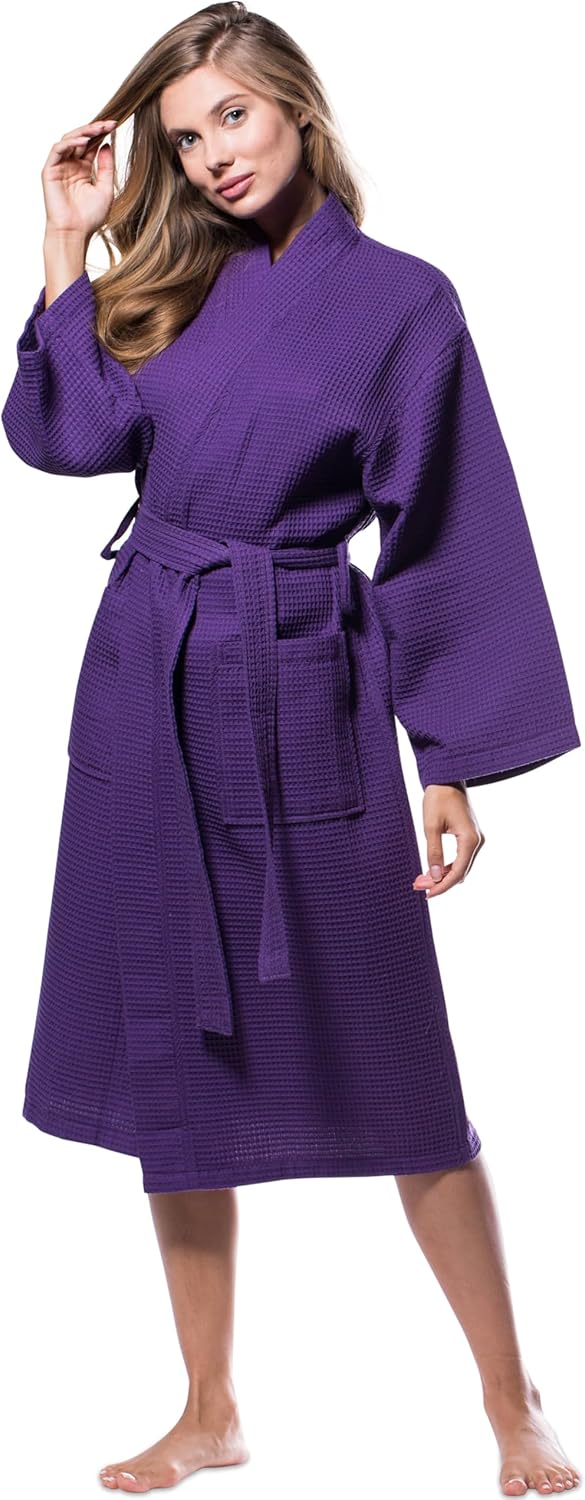 Purple Lightweight Cotton Blend Waffle Kimono Spa Robe S/M