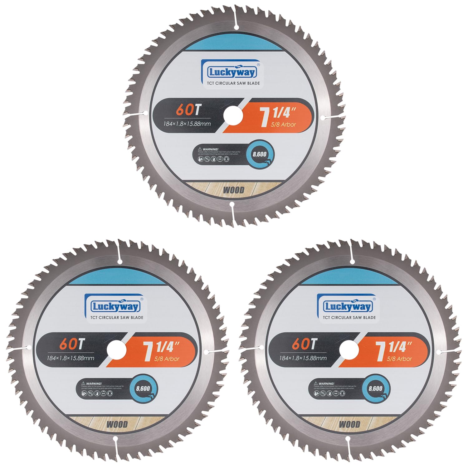 Luckyway 7-1/4 Inch Circular Saw Blade 60T Fine Finish with 5/8 Inch Arbor TCT (Tungsten Carbide Tipped) Saw Blade for Cutting Wood 3-Pack
