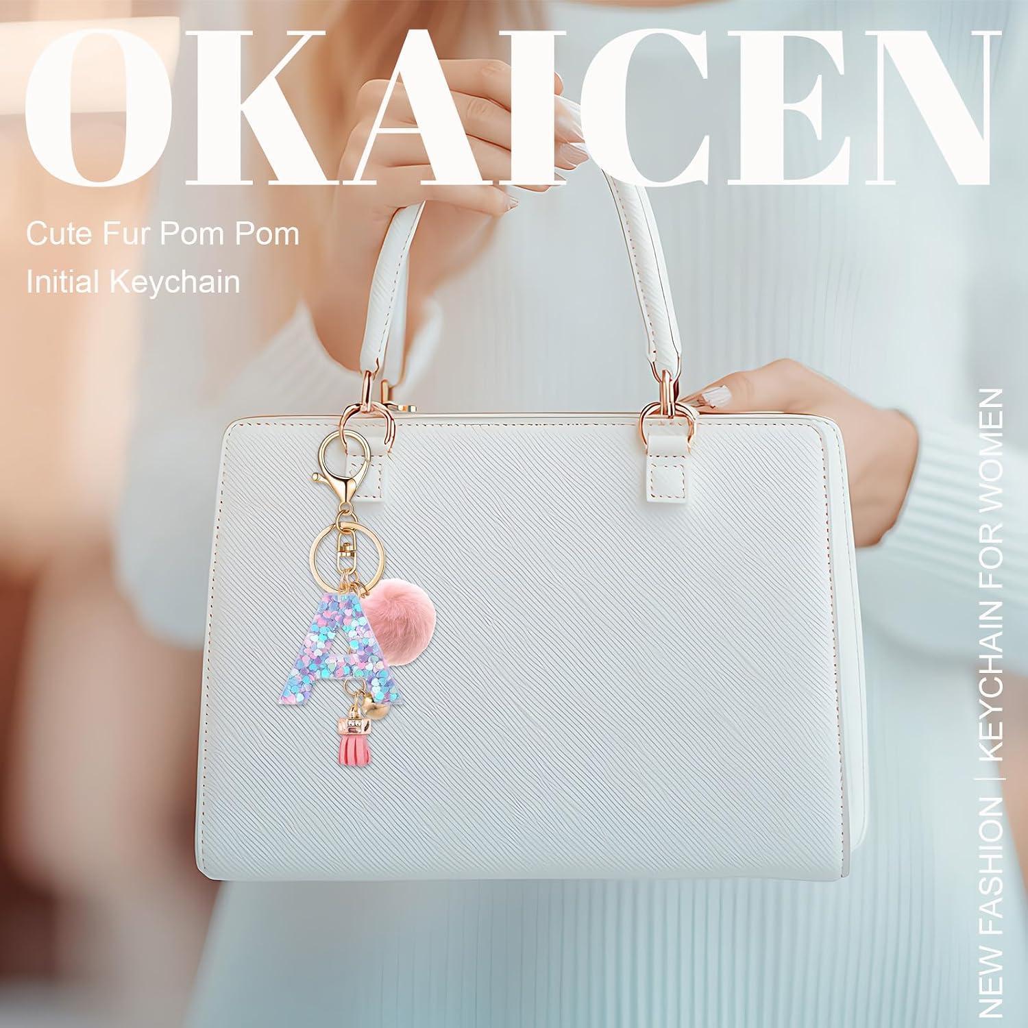 Resin Alphabet Initial Letter Keychain Keyring for Women Purse Handbags With Fur Ball Pom