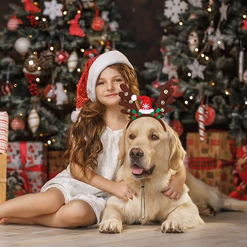 Miniatura 5 de Pedgot Paquete de 3 gorros de Navidad para mascotas, lazo para el pelo de Navidad, cuernos de reno marrón, diadema de disfraz de mascota de Navidad,