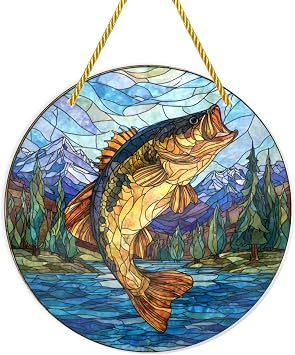 Jumping Largemouth Bass Art Round Acrylic Stained Glass Ornaments,suncatcher Window hangings Accessories,for Garage entryway. Enhance Rustic Outdoor Vibe for Fishing hobbyists, 12x12inch