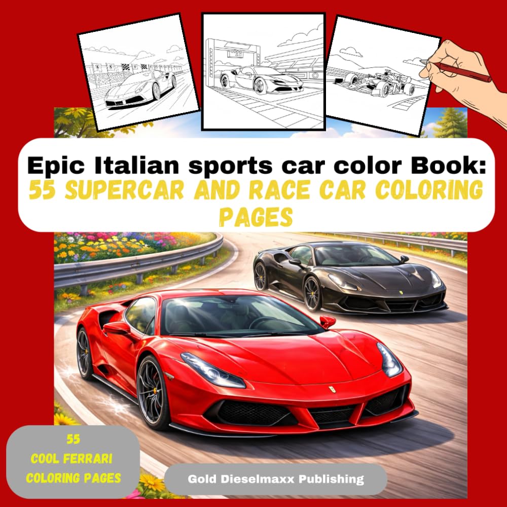 Awesome Italian sports car coloring Book: 55 Supercar and race car coloring pages (ages 7-13) (Motors, Cars and Cool Vehicles)