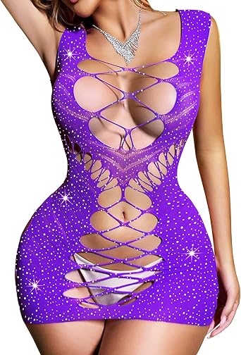 Lingerie for Women Sexy Stripper Outfit Chemise Babydoll Lingeries Rhinestone Fishnet Teddy Dress Bodycon Mini Mesh Dresses Hollow Out Exotic Club Wear Date Night Outfits