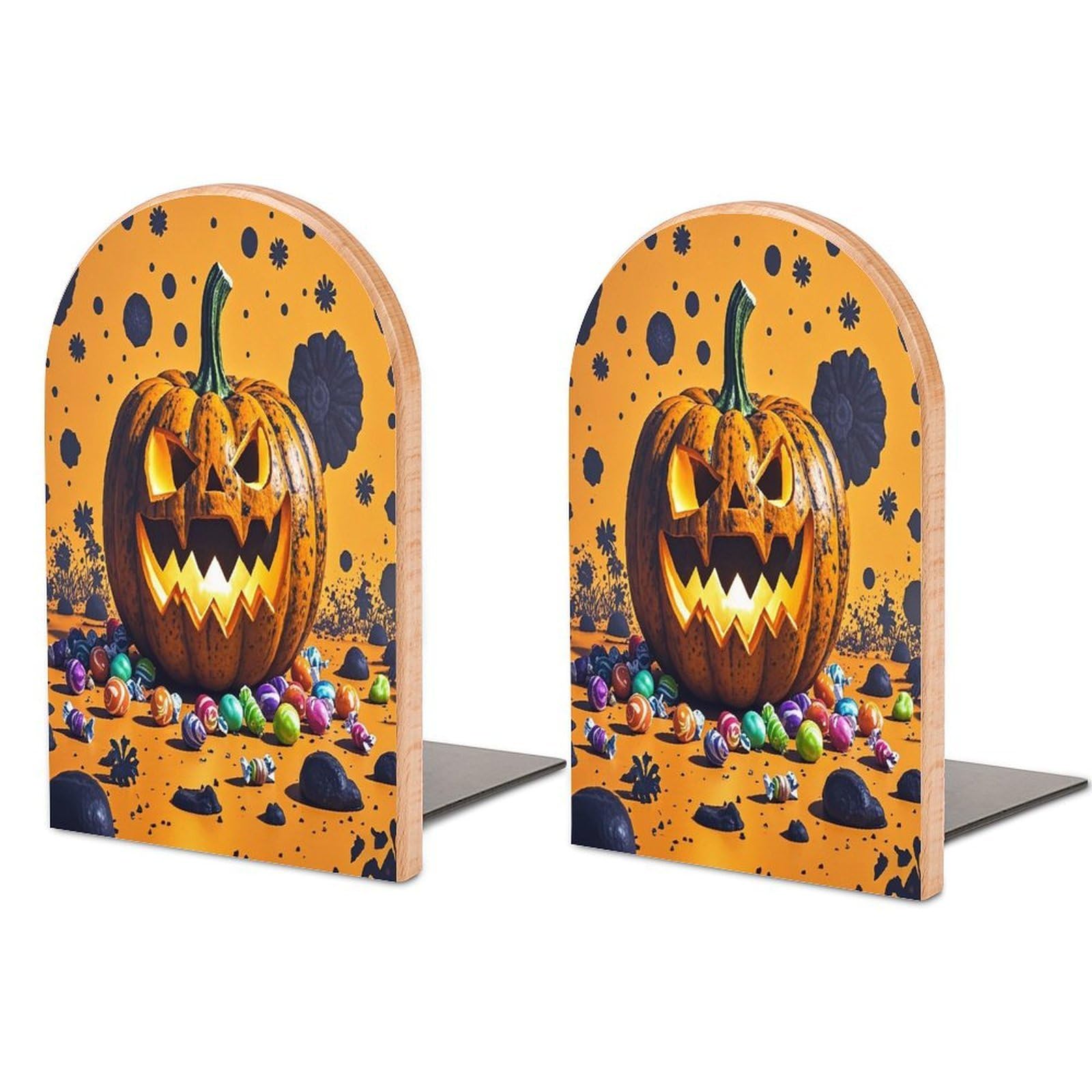 Halloween Pumpkin Monster Bookends 1 Pair Heavy Duty Book Ends for Shelves Non-Skid Bookend Supports Wooden Book Holders with Metal Base Desk Organizers Books Storage to Hold Books