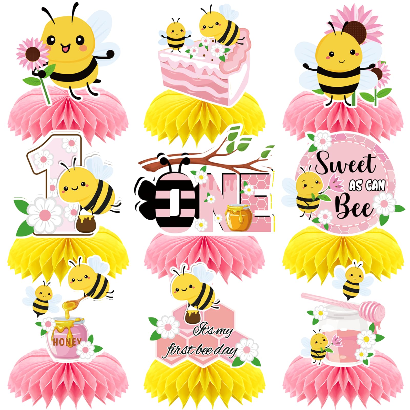 9pcs Happy 1st Bee Day Honeycomb Centerpieces Bumble Bee First Birthday Party Table Decorations Pink It's My 1st Bee Day Table Centerpiece for Girl