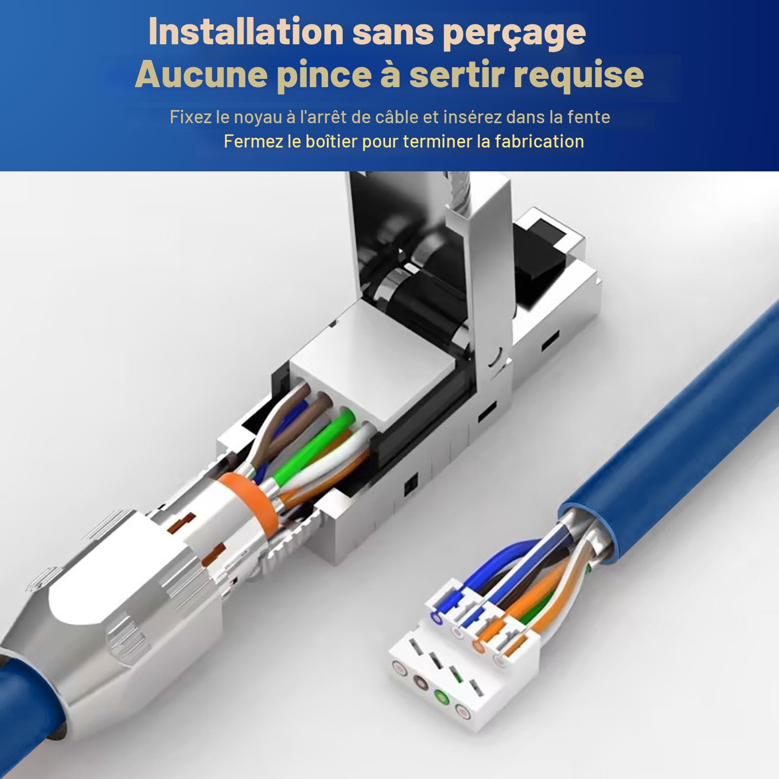 12x CAT 7 RJ45 Connecteurs de réseau pour câbles LAN rigides, câbles de pose Ethernet, connecteur LAN Cat 7 sans outil LSA, entièrement blindé STP, 10 Gbit/s, AWG 22-24