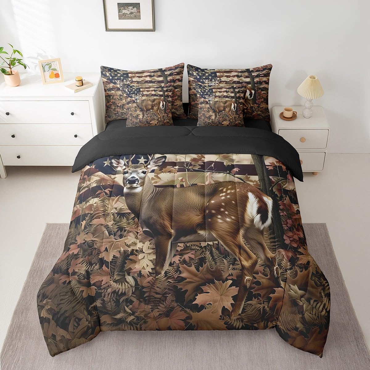 Feelyou 7 Piece Cute Deer Bed in a Bag Full for Boys Kids Deer Hunting Sheet Set,American Flag Camo Bed Set for Girls Women Cabin Deer Bedding Set with Comforter Wildlife Cushion Covers