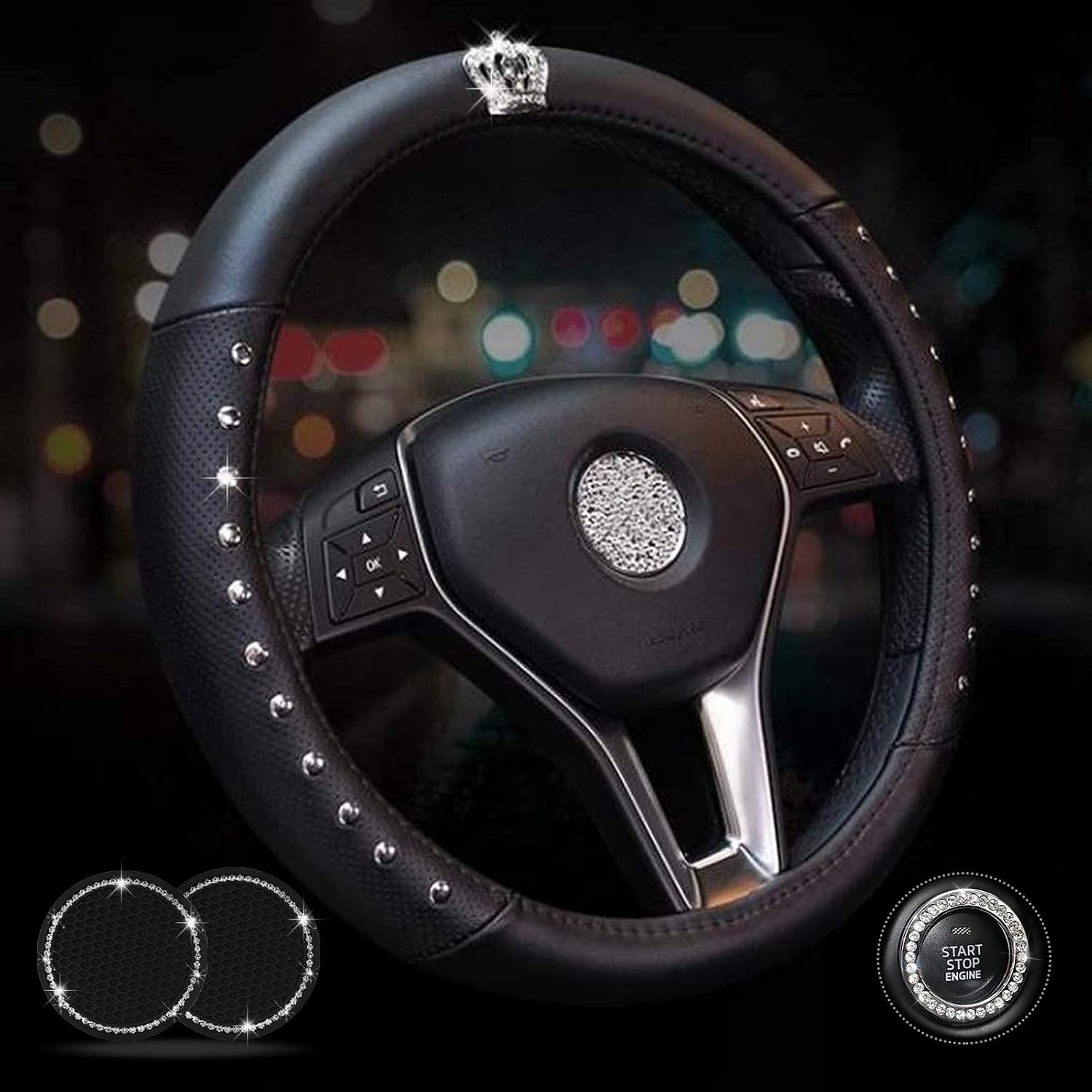 ALVAZA Leather Car Steering Wheel Cover with Decorative Rivet and Bling Crystal Crown, Diamond Rhinestone Cup Coasters Start Ring, Universal 15 Inch Bling Car Accessories for Women Girl and Men