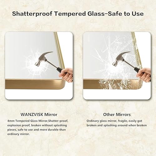 Miniatura 7 de Wanzvisk Espejos con marco dorado para baño, espejo rectangular de 40 x 32 pulgadas para pared, espejo de tocador dorado mate con vidrio templado,