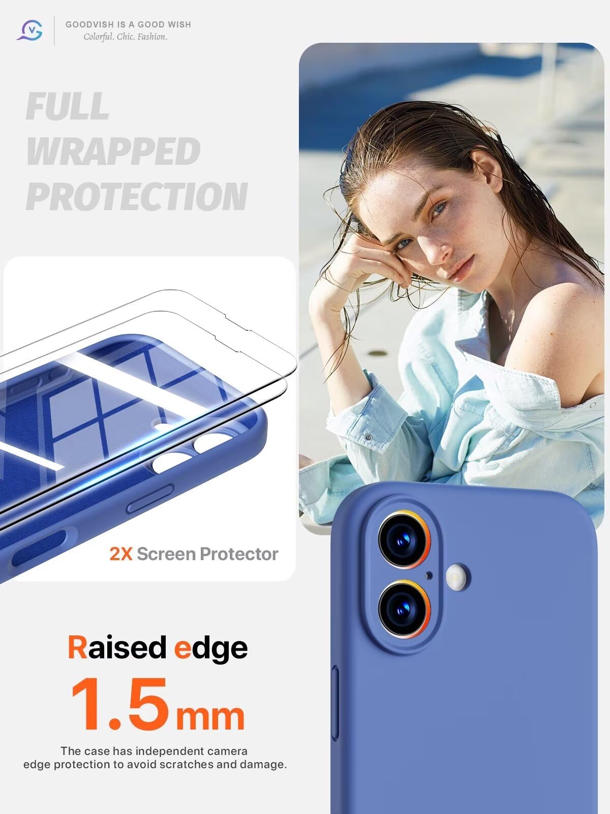 GOODVISH 3 in 1 Silicone Cover per iPhone 16 6.1", Custodia con 2 Pellicola Vetro Temperato [Protezione Fotocamera] 360° Protezione Anticaduta Case per Cellulare Antiurto Resistente, Blu