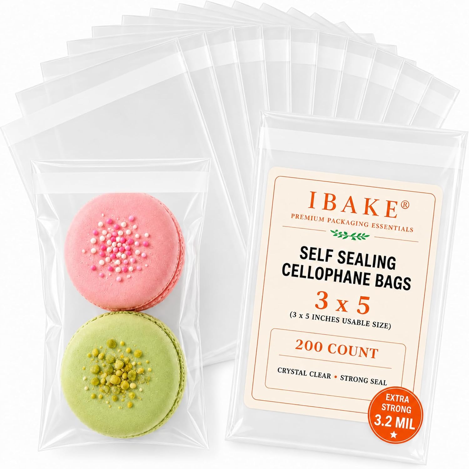IBAKE 3x5 Cellophane Bags 200ct, Small Clear Treat Bags with Self Seal, 3.2 Mil Thick Mini Cello Bags for Candy, Cookies, Party Favors and Small Business Packaging