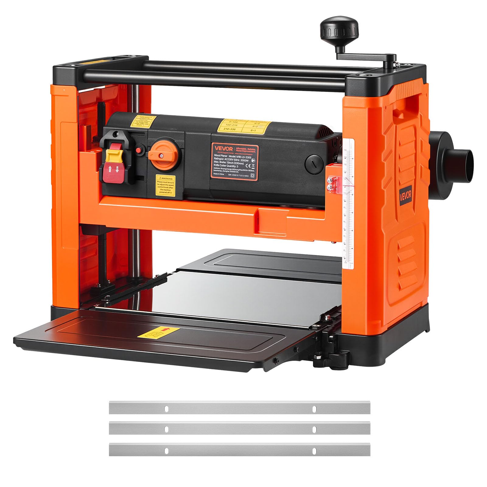 VEVOR Raboteuse Bois Électrique 3 Lames, Table de Travail Largeur 33 cm, Moteur Puissant 2000 W, 23500 tr/​min, Double Rouleau, Protection Contre Surcharges, Deux Vitesses, pour Bois Durs et Tendres
