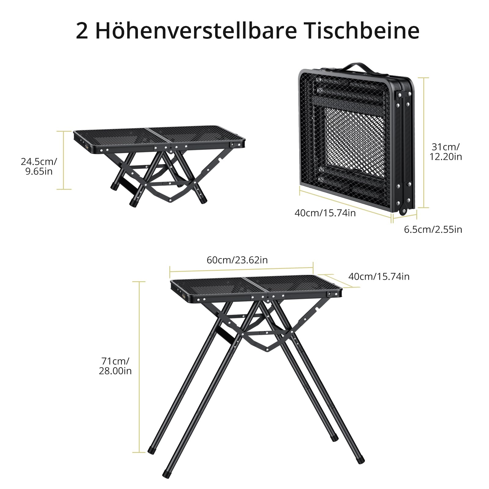 Anbte Grilltisch Klappbar 60x40cm X-Frame-Design 80kg Belastbar, Schwarz | 3 Verstellbar Höhe 24.5/47/71cm, Wasserfest Metallgitter Tischplatte Tragbar Klapptisch für BBQ Camping Garten Outdoor-Kochen
