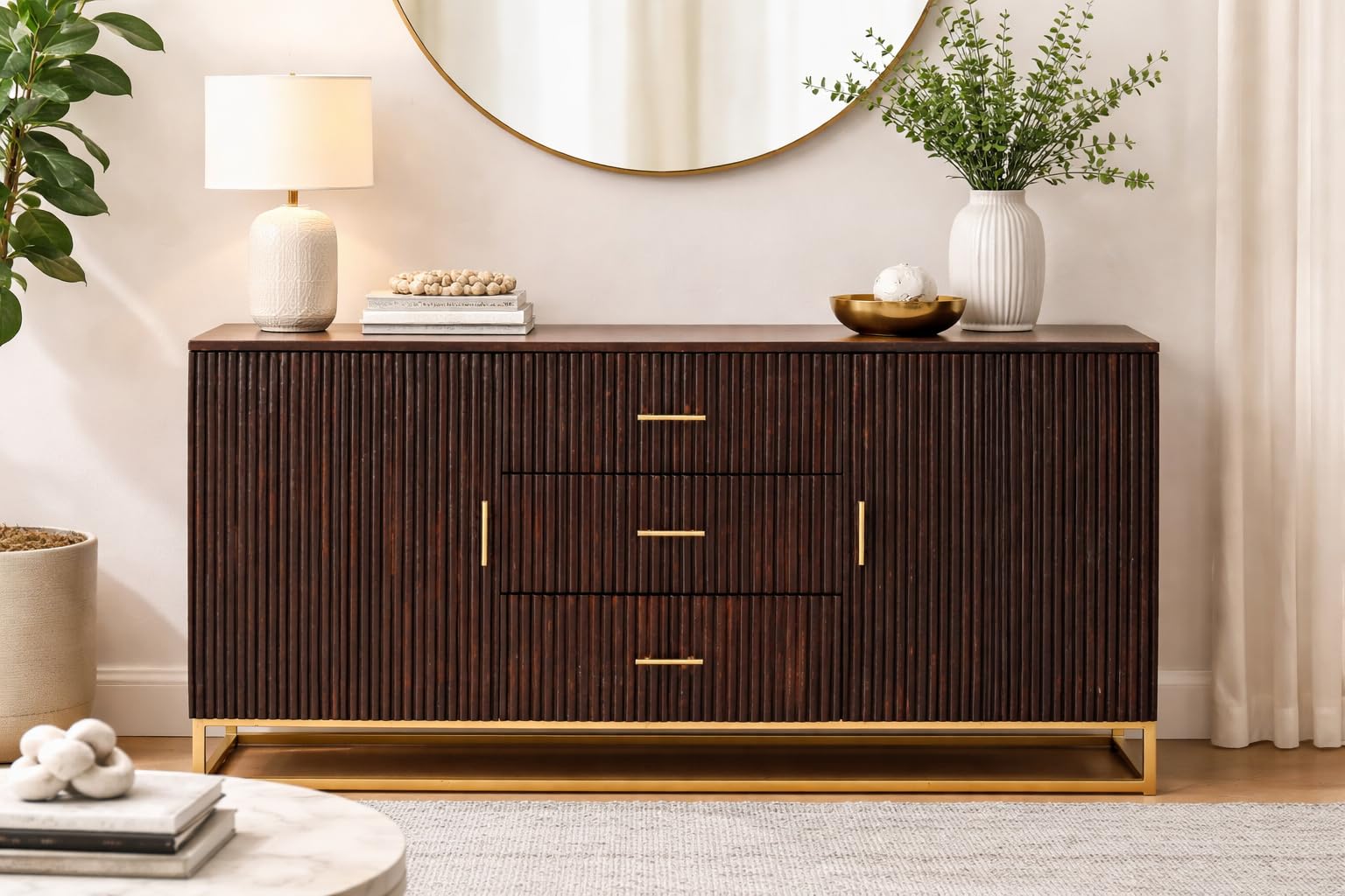 Modern Wooden Sideboard Cabinet with Drawers and Shelves, Dark Brown Finish with Gold Metal Base, Living Room Storage, 155x46x80 cm-image-24