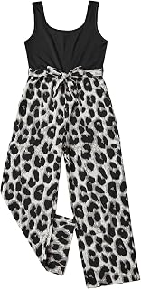 Girl's Leopard Print Belted Scoop Neck Long Romper Sleeveless Tank Jumpsuit