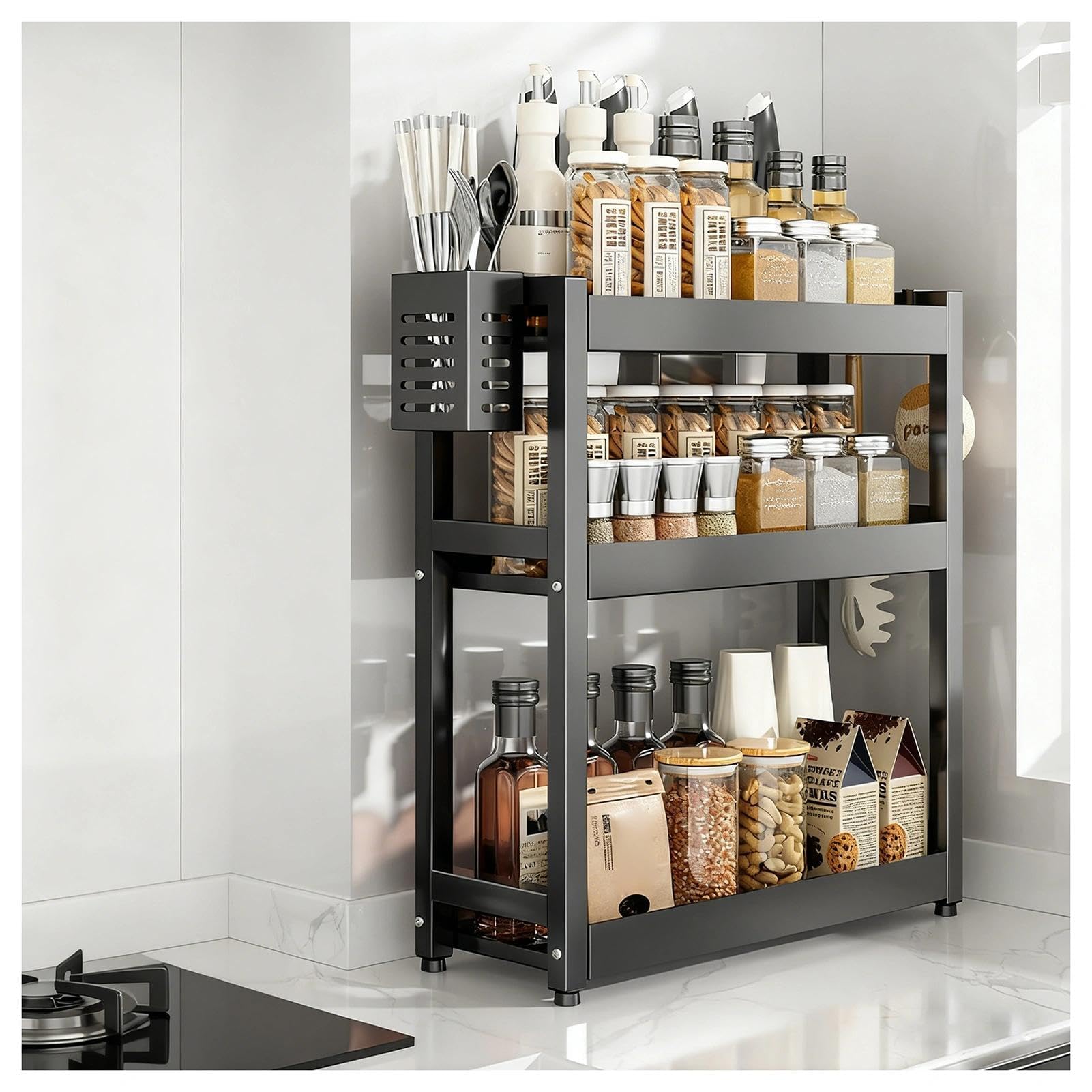 GLJTUO 3-Tier Spice Rack - Standing Desktop Storage Shelf with Hooks & Utensil Holder - Kitchen & Bathroom nization - White, 50cm Countertop Solution for Pantry Storage (Black 3,Black-3 Tier-35cm