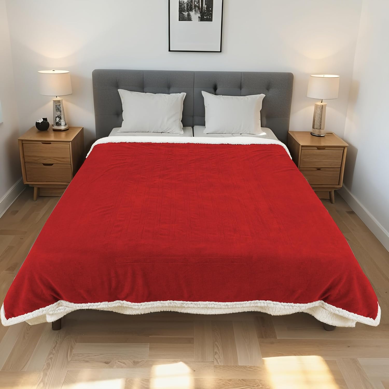 Electric Heated Blanket Twin Size 62"x84" - Dual-Sided with Microplush & Sherpa Fabric, 4 Heat Settings & 10 Hours Auto Off, Machine Washable - Red - Image 2