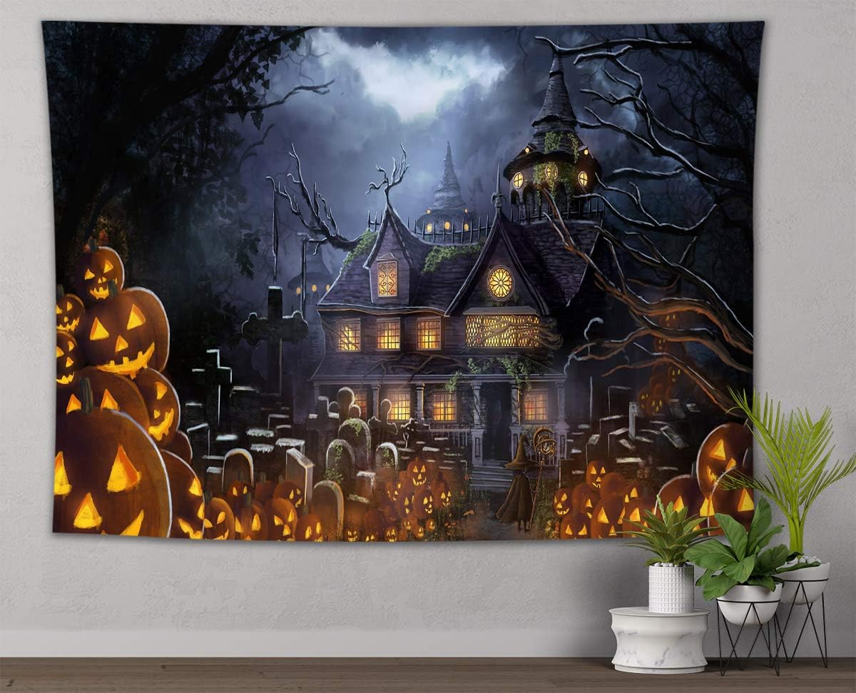 LB Halloween Tapestry Wall Hanging Creepy Graveyard Woods Moon Night Pumpkin Jack-O-Lantern Wall Tapestry for Bedroom Castle Wall Art for Living Room College Dorm Decor,92Wx70H inch