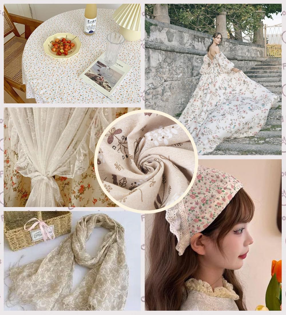 Tissu en lin imprimé au mètre - Longueur : 4 m - Largeur : 150 cm - Beige - Avec motif floral - Pour la décoration de rideau - Aspect lin - Nappe de bricolage - Pour canapé, sacs, bricolage