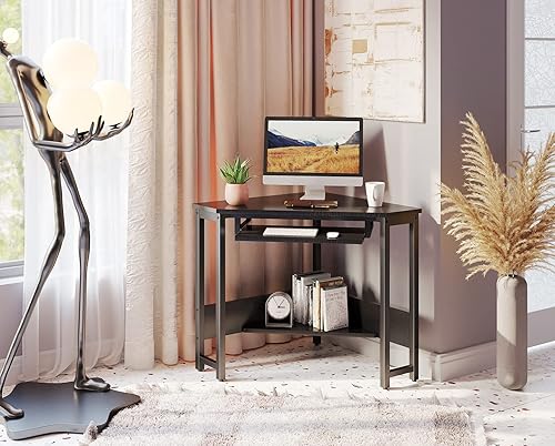 Miniatura 4 de ODK Escritorio esquinero, escritorio triangular para computadora, escritorio pequeño, marco de acero resistente para estación de trabajo con bandeja