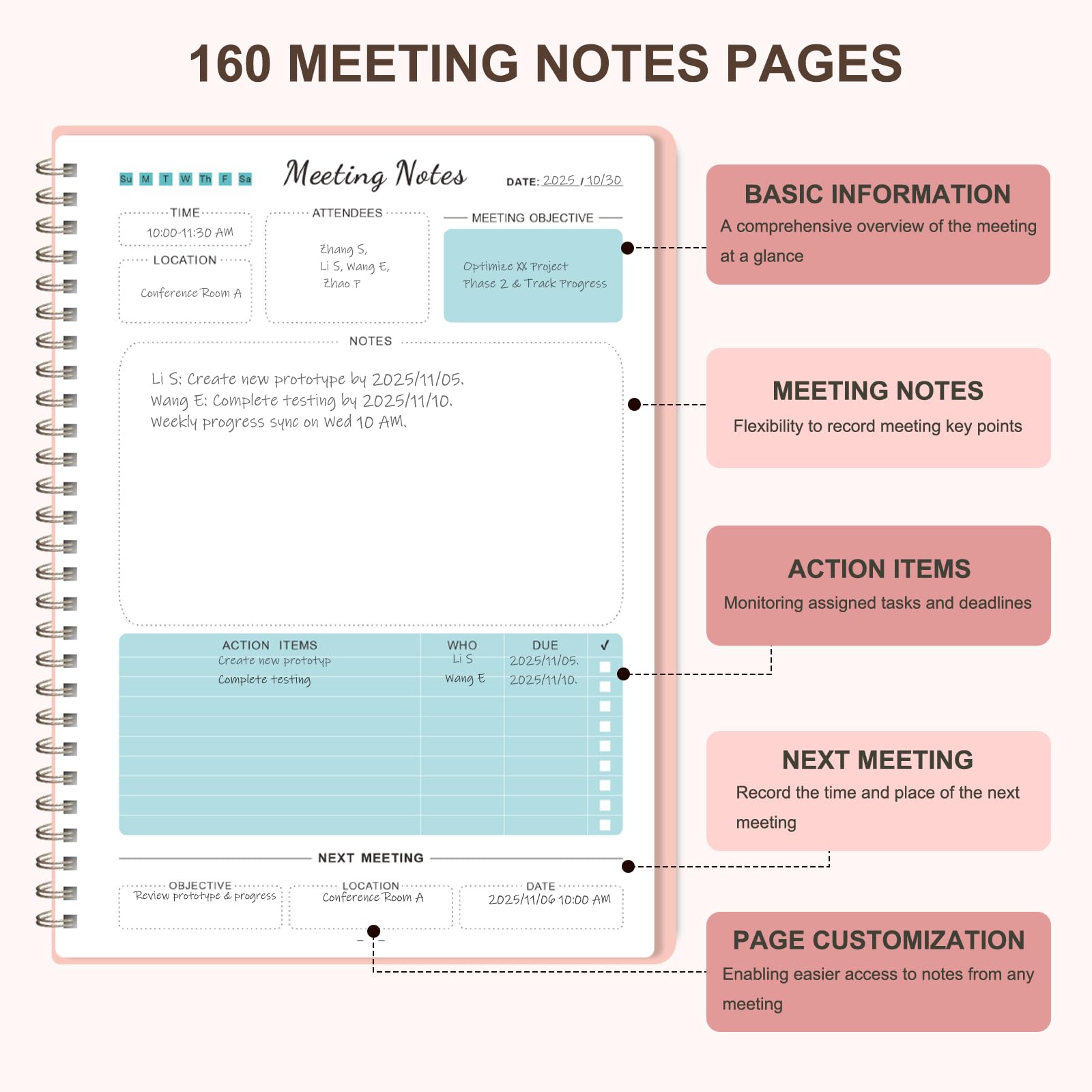 Cuaderno de reuniones para organización del trabajo, cuaderno planificador de trabajo con artículos de acción, agenda de proyectos para tomar notas, 160 páginas (6.9 x 9.9 pulgadas), suministros