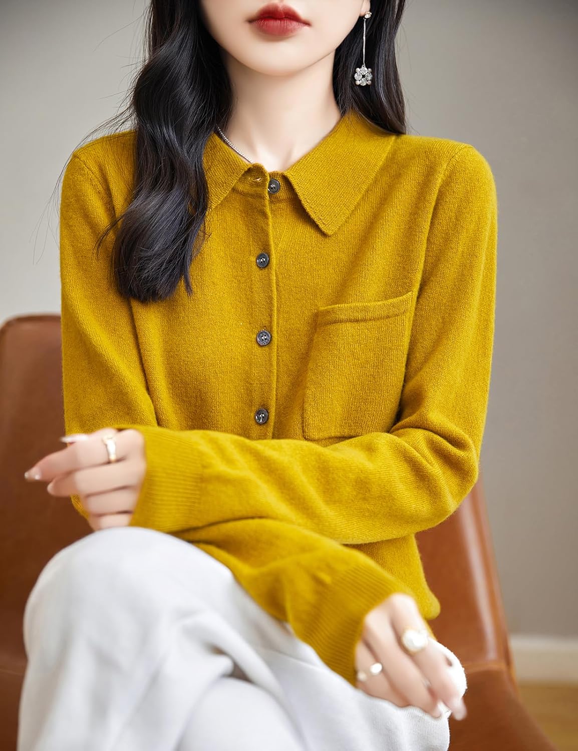 Chanyarn Women's Polo Neck 100% Merino Wool Sweater 2025 Spring Basic Long Sleeve Knitted Cardigan Sweater with Pocket - Image 5