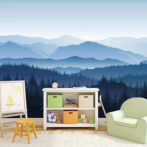 Miniatura 5 de Moderno papel tapiz extraíble 3D autoadhesivo azul con silueta de paisaje brumoso, montañas, colinas, árboles, murales de pared, calcomanías de