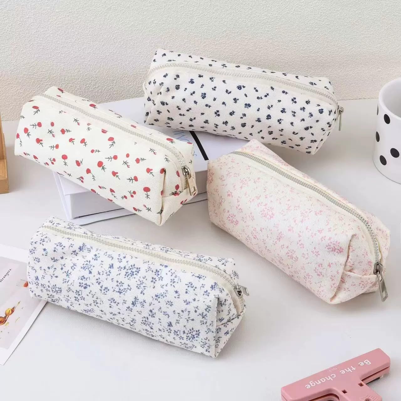 Cute Pencil Case Aesthetic Student Pencil Pouch Coin Pen Pouch Cosmetic Bag Office Stationery Organizer For Kids Teen School (Z-Red floral) image 3