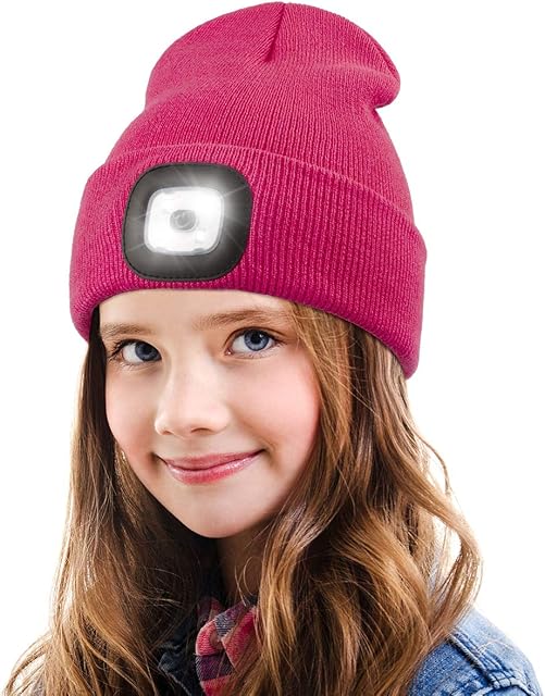 Rechargeable LED Lighted Hat, 4 LED Head Torch hat, Unisex Warm Knitted Winter Hats for Hiking, Biking, Camping, Christmas Tech Geek Gifts for Boys Girls Kids Rosy Red