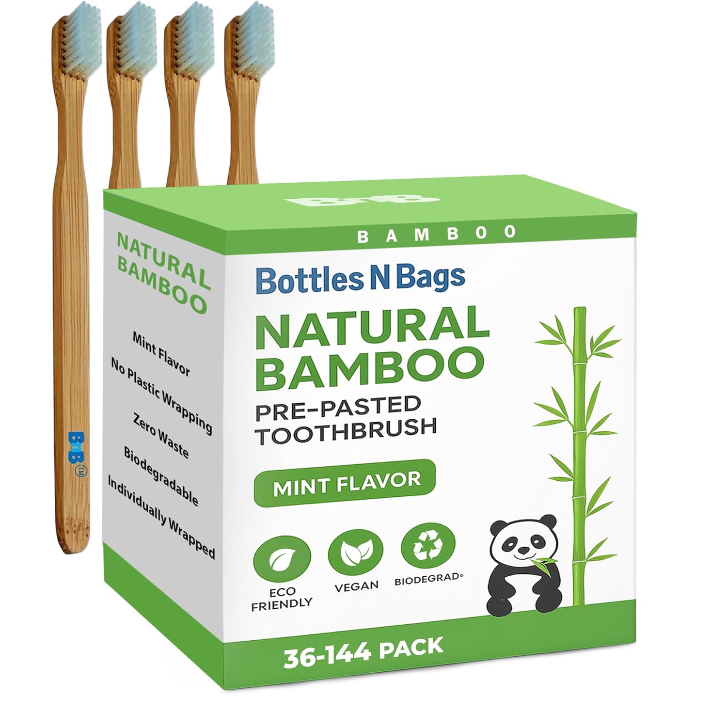 144 Prepasted Bamboo Toothbrushes ,individually Packed all Biodegradable Vegan Eco Friendly Soft Bristles Refreshing Mint Flavors ,great In Home And Fits Compact For Travel ! No Water Needed