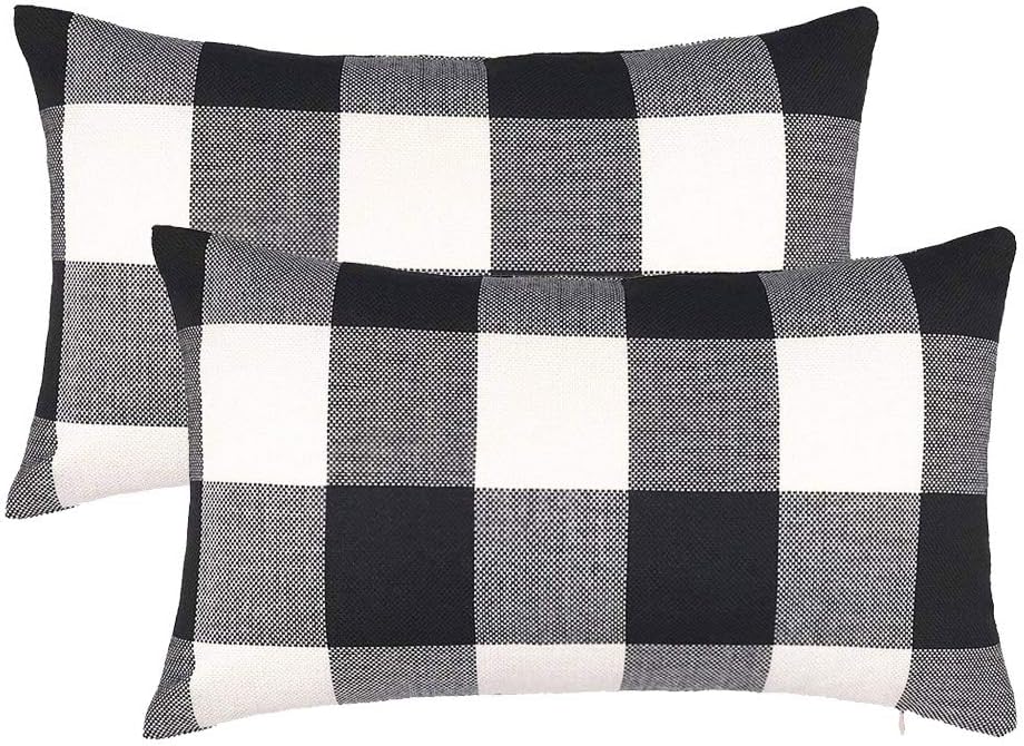4TH Emotion Set of 2 Farmhouse Buffalo Check Plaid Throw Pillow Covers Cushion Case Polyester Linen for Fall Home Decor Black and White, 12 x 20 Inches