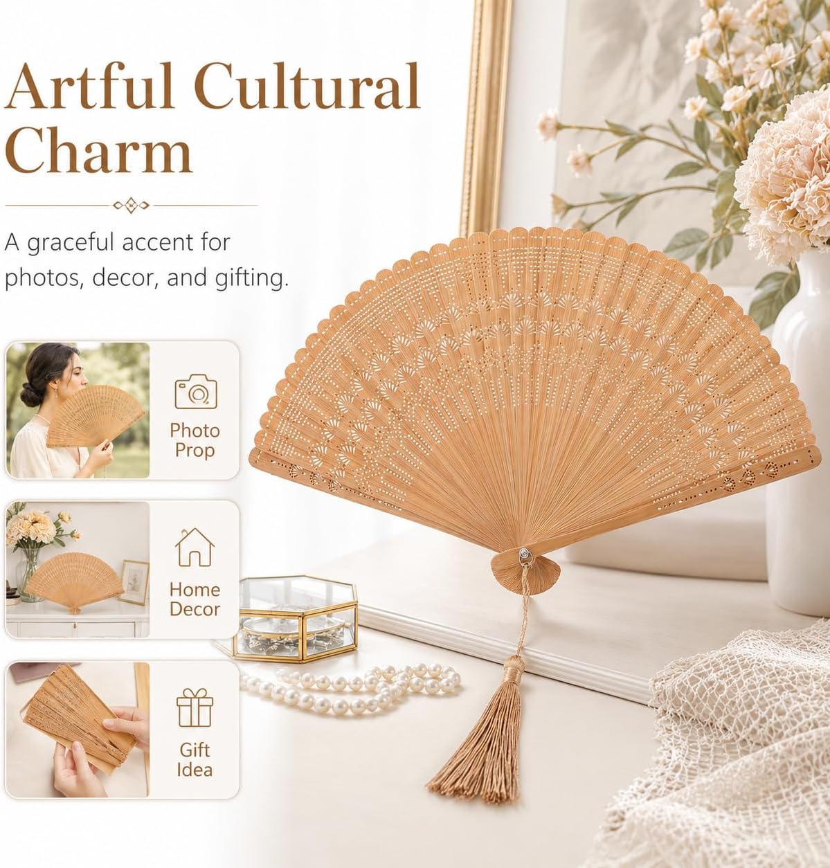 IMIKEYA Bamboo Folding Fan Handheld Japanese Chinese Hand Fan with Tassel for Women Girls Accessory Party Wedding Birthday Summer Decoration