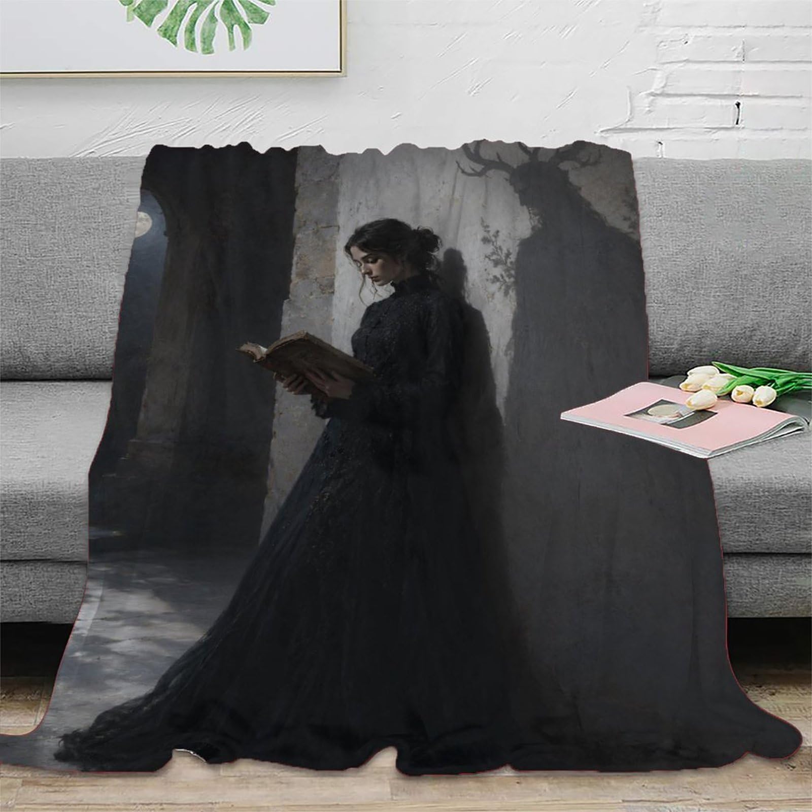 W7C8U2X3 Woman Reading Deer Shadow Blanket, Flannel, Sofa, Cozy Reading Art