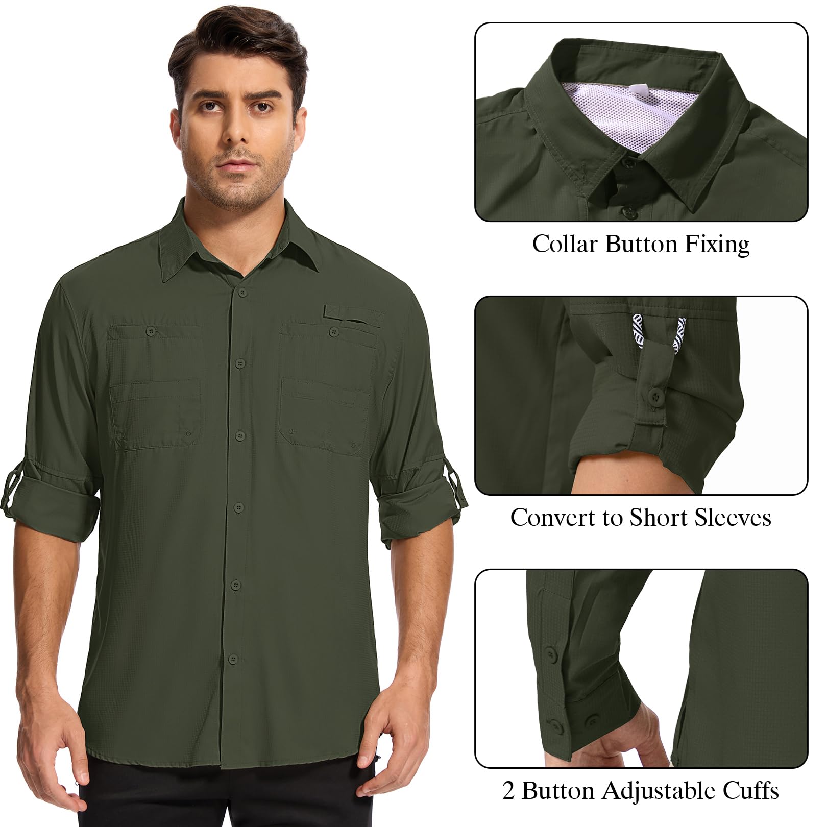 Camisa de safari para hombre, manga larga, protección solar UPF 50+, camisas de pesca, puños convertibles, camisas de senderismo para hombre
