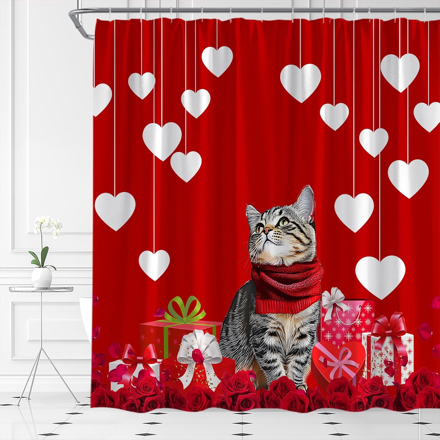 AMFD Valentine's Day Shower Curtain Cute Cat Romantic Red Heart Rose Love Couple Woman Girl Creative Bathroom Curtains Decor Fabric Set Include Hooks,(70" Wx84 H)