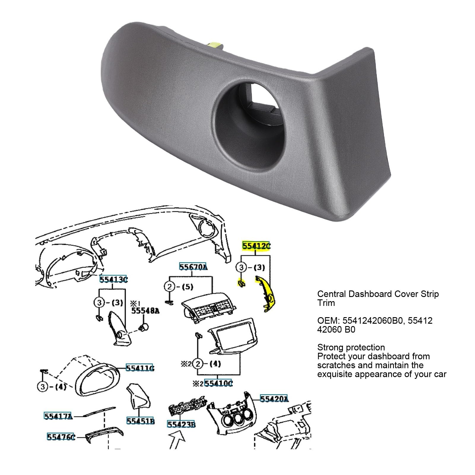 Aramox Central Dashboard Cover Strip Trim, Center Instrument Cluster Panel Trim dla RAV 4 2006-2012 OEM: 5541242060B0, 55412 42060 B0