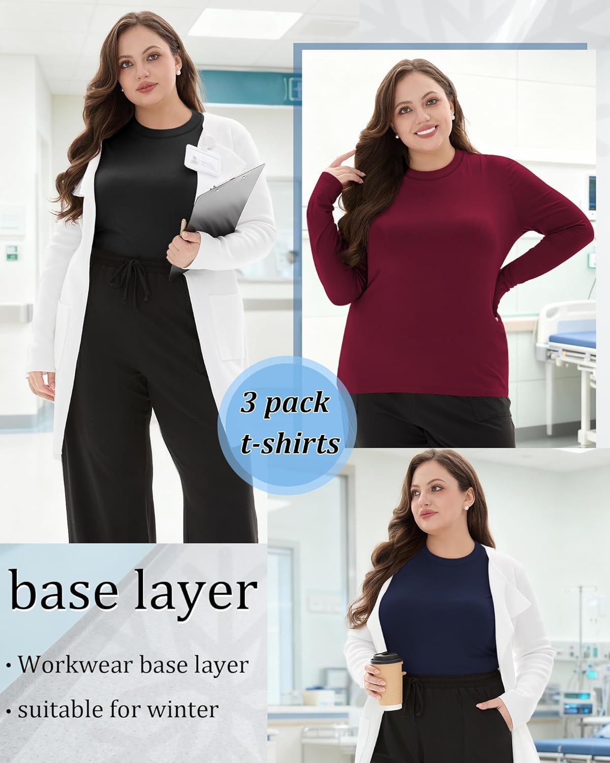 Oakgarden 3 Pack Women's Plus Size Underscrub Shirts, Long Sleeve Crew Neck Tops Fitted Layering Basic Tee for Nurse
