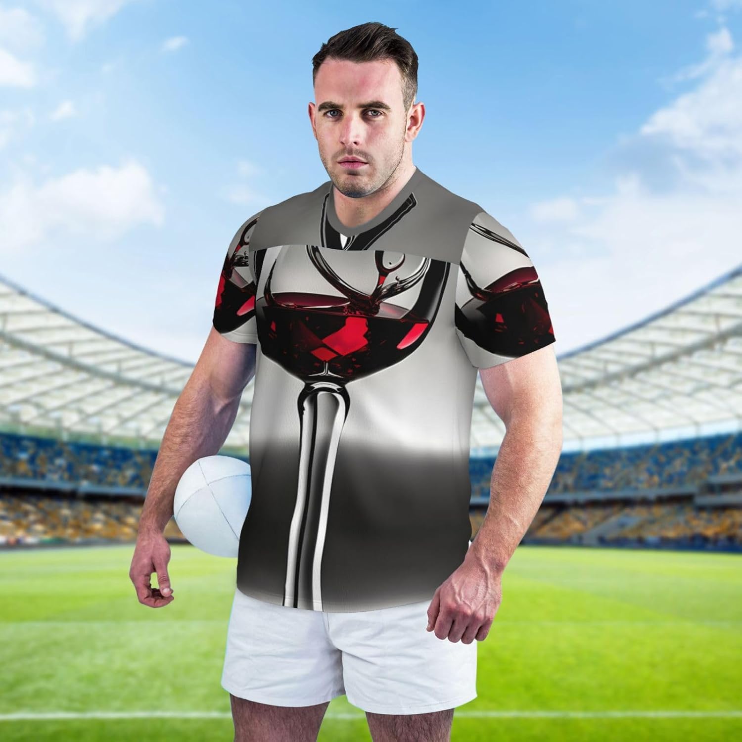 Wine Glass Rugby Football Jersey for Men, Comfortable V-Neck Loose Fit Top for Team Sports Athletics