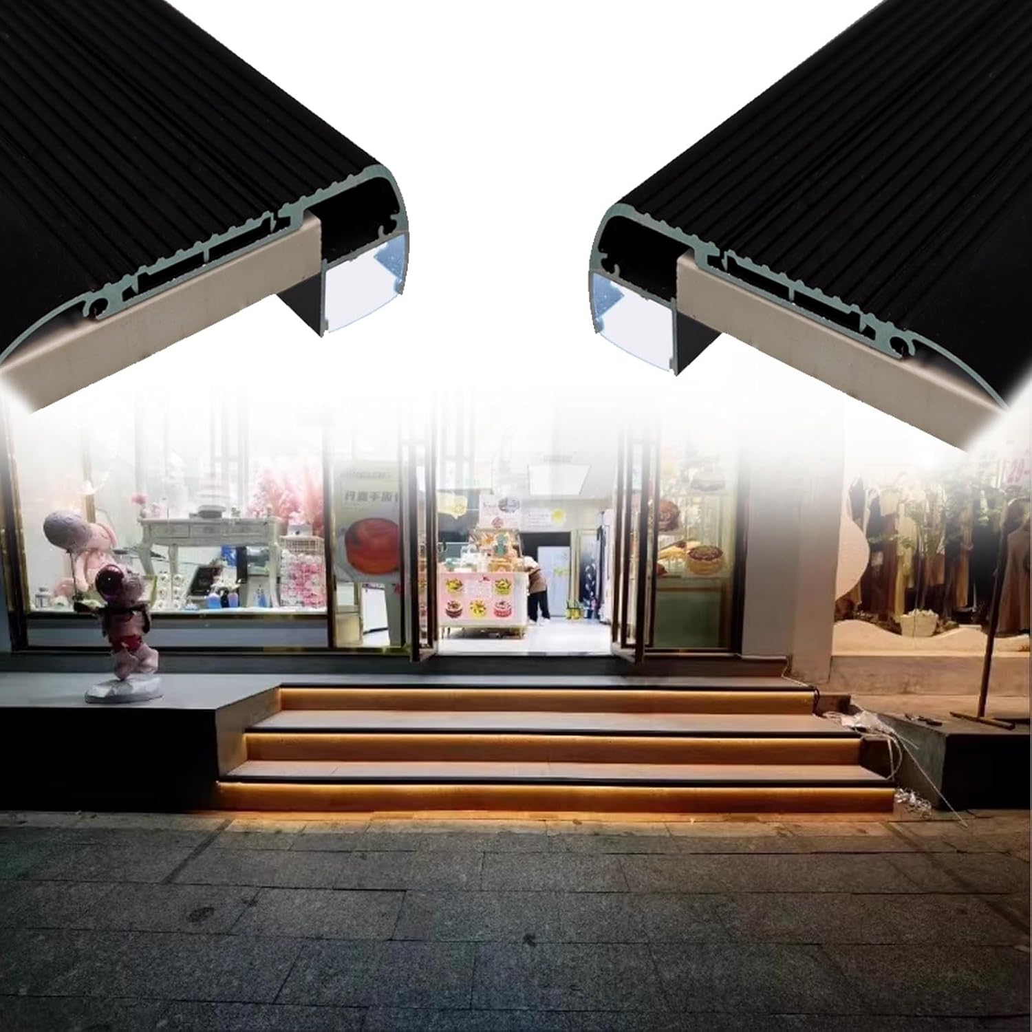 Aluminum Stair Edge Protectors - 20 Pack L-Shaped Backlit Tread Covers for Deck & Concrete Steps - 58in/147cm Black Surface-Mounted Safety Solutions