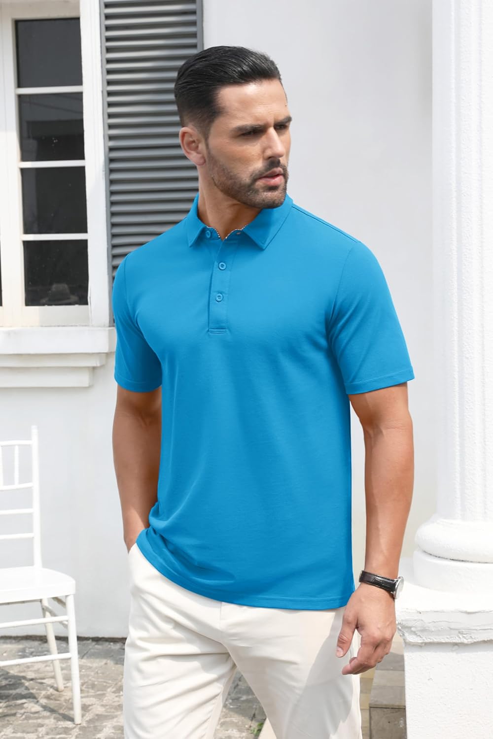 MAGCOMSEN Men's Polo Shirts Short Sleeve Cotton Pique 3 Button Classic Fit Casual T-Shirt Performance Golf Shirts Small Azure image 3 of 6 B0C9ZZPHHZ