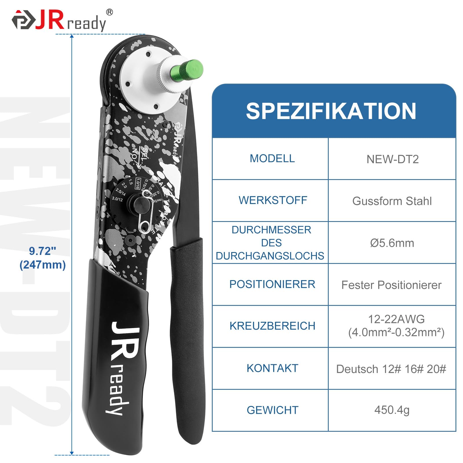 JRready NEW-DT2 Deutsch Crimpzange für Deutsch Stecker DT/DTM/DTP, Vierdorn-Crimpwerkzeug mit Positionierer, 12# 16# 20# gedrehte Kontakte, 12–22 AWG, HDT-48-00/HDT-4800 kompatibel